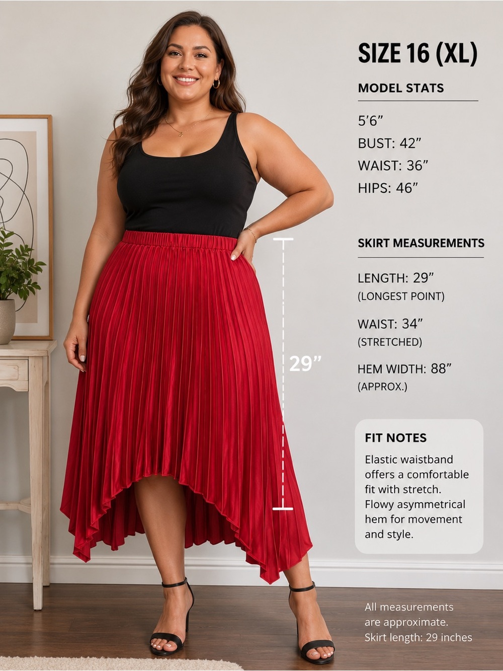 ♥️ Scoop Red Pleated Midi Skirt Women’s Size XL (16-18) Flowy Asymmetrical Hem